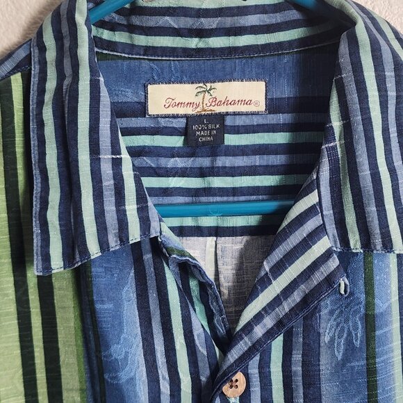 Tommy Bahama Shirt Mens Large Blue Green 100% Silk Relax Striped Hawaiian Camp - Picture 4 of 12